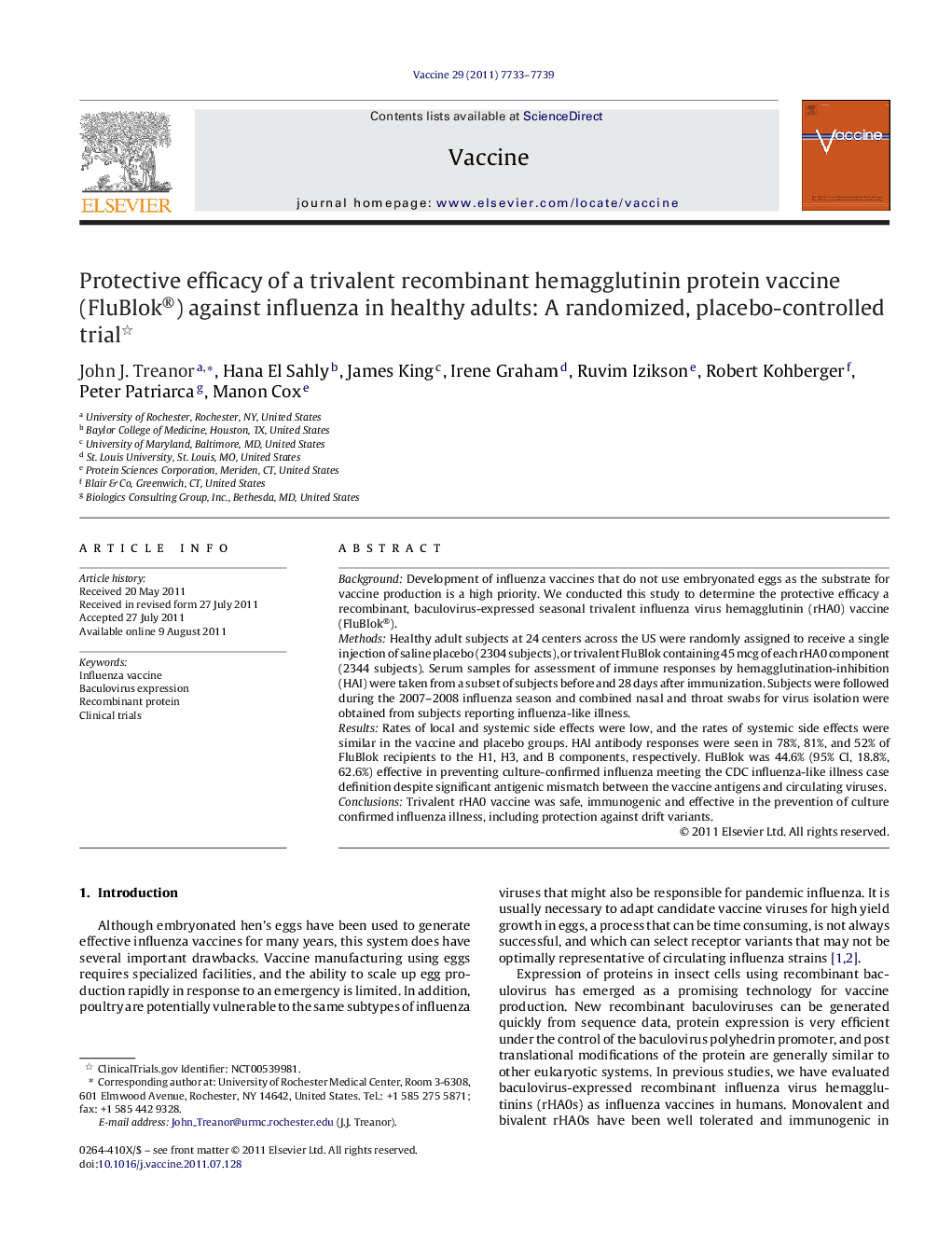 Protective efficacy of a trivalent recombinant hemagglutinin protein vaccine (FluBlok®) against influenza in healthy adults: A randomized, placebo-controlled trial