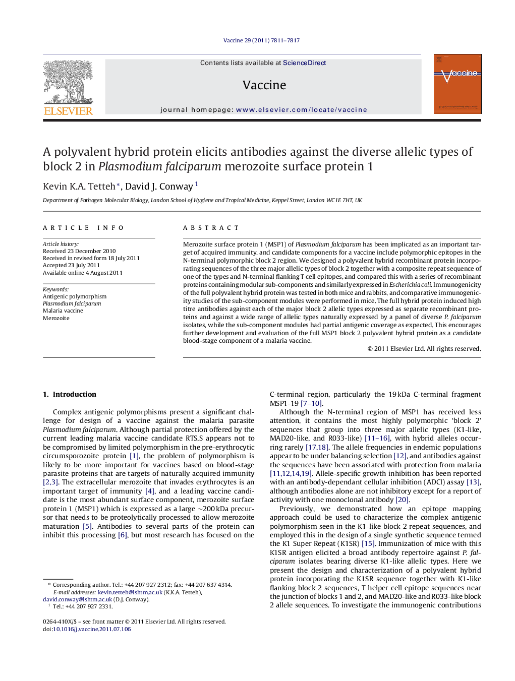 A polyvalent hybrid protein elicits antibodies against the diverse allelic types of block 2 in Plasmodium falciparum merozoite surface protein 1