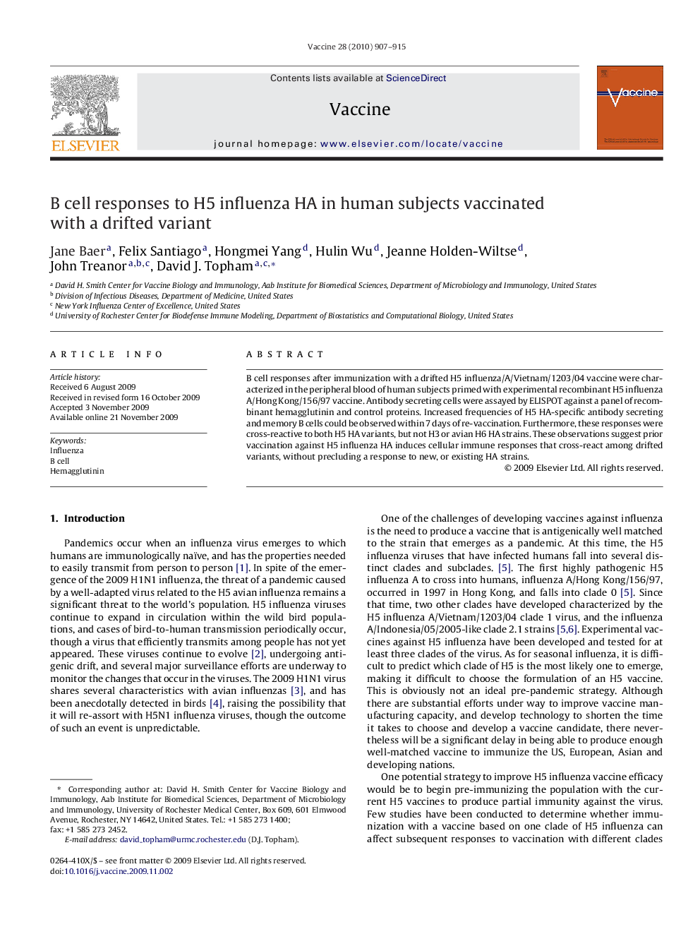 B cell responses to H5 influenza HA in human subjects vaccinated with a drifted variant