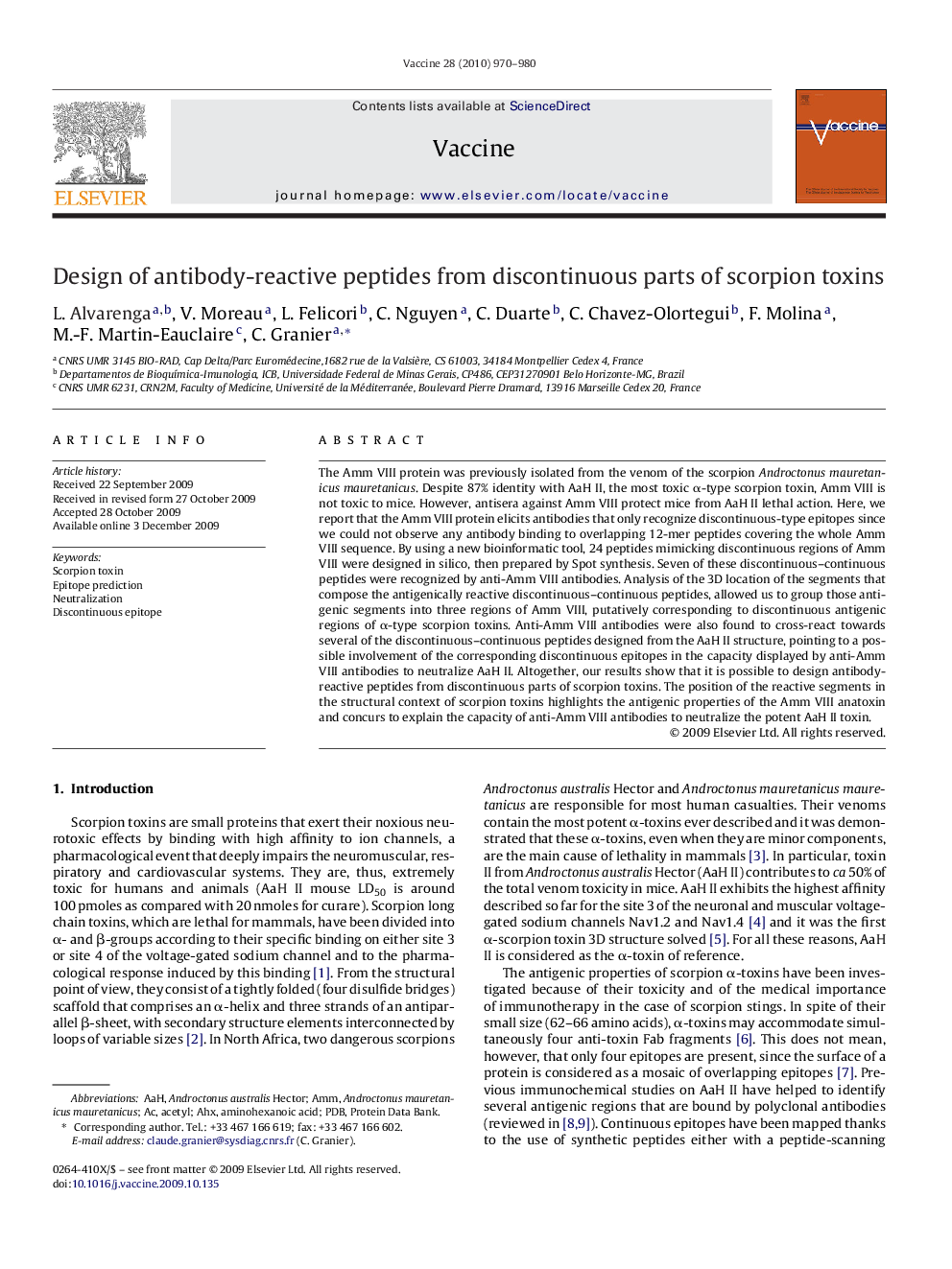 Design of antibody-reactive peptides from discontinuous parts of scorpion toxins