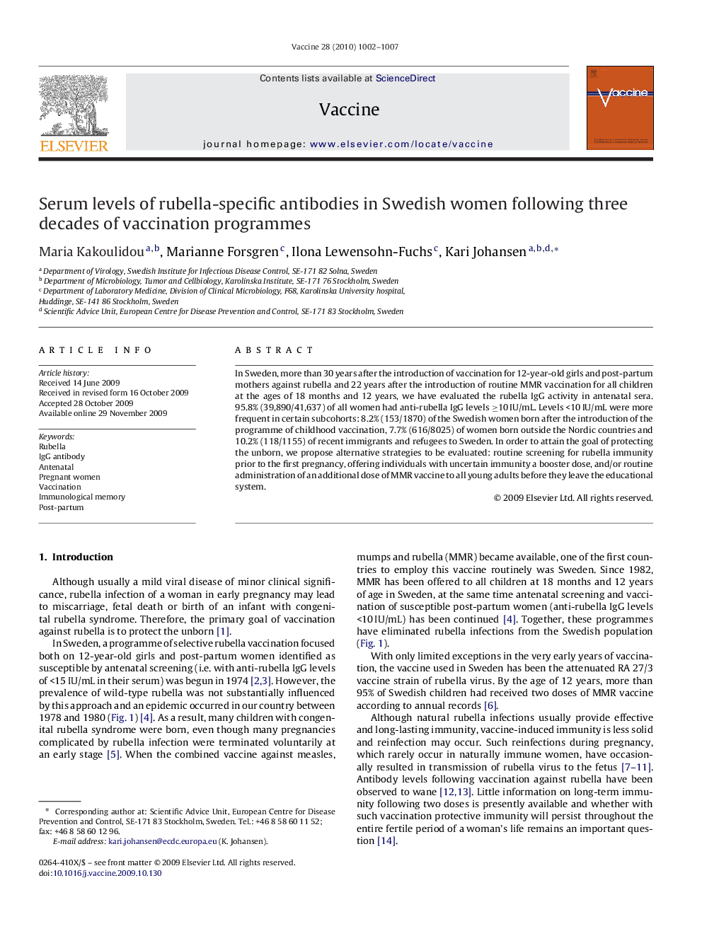 Serum levels of rubella-specific antibodies in Swedish women following three decades of vaccination programmes