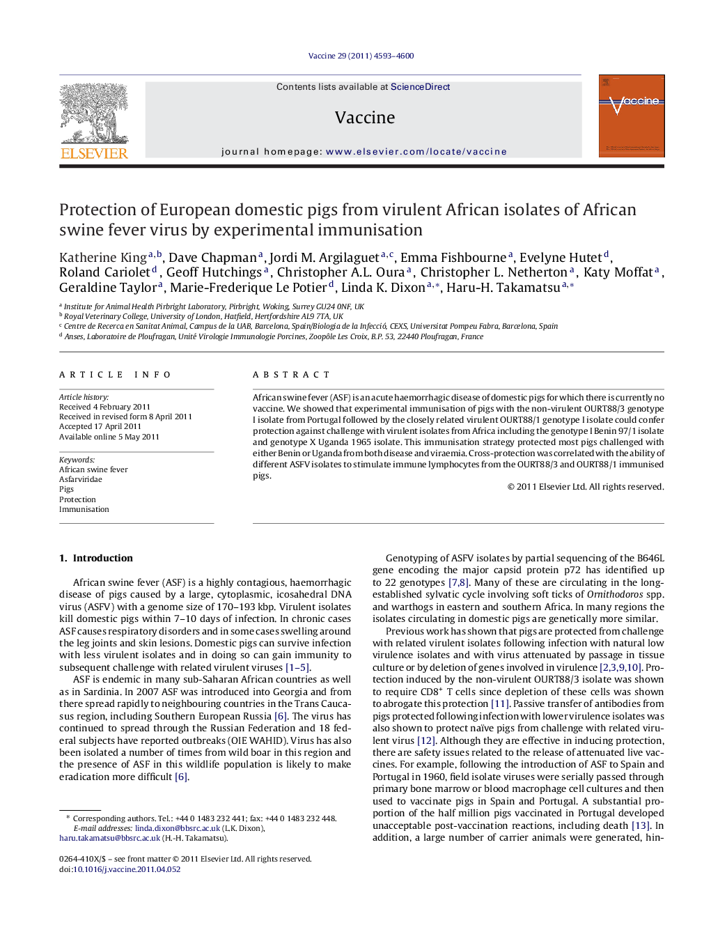 Protection of European domestic pigs from virulent African isolates of African swine fever virus by experimental immunisation