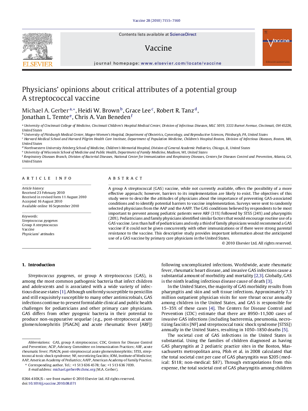 Physicians' opinions about critical attributes of a potential group A streptococcal vaccine