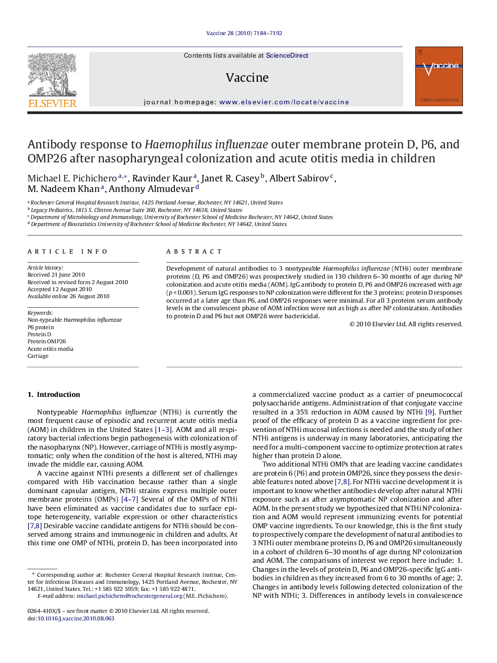 Antibody response to Haemophilus influenzae outer membrane protein D, P6, and OMP26 after nasopharyngeal colonization and acute otitis media in children