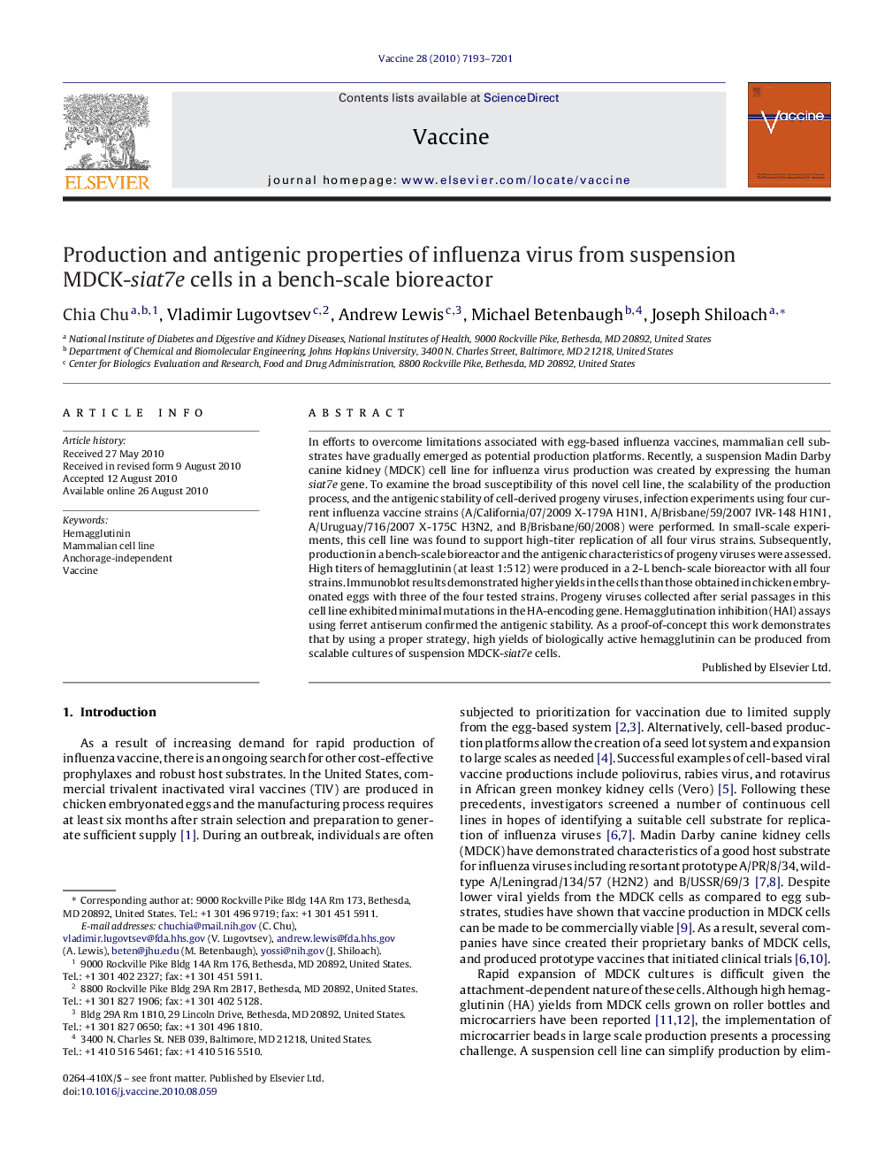 Production and antigenic properties of influenza virus from suspension MDCK-siat7e cells in a bench-scale bioreactor