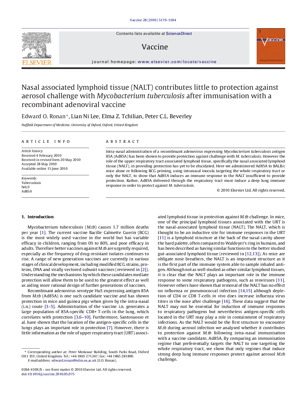 Nasal associated lymphoid tissue (NALT) contributes little to protection against aerosol challenge with Mycobacterium tuberculosis after immunisation with a recombinant adenoviral vaccine