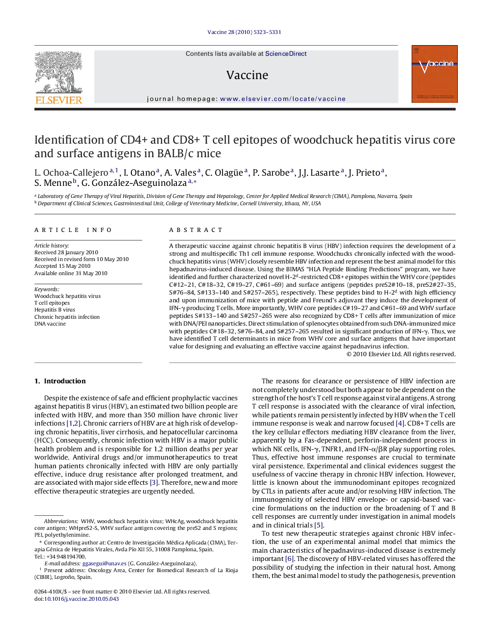 Identification of CD4+ and CD8+ T cell epitopes of woodchuck hepatitis virus core and surface antigens in BALB/c mice