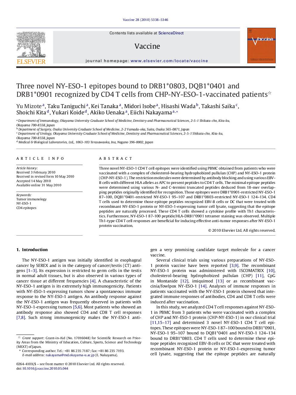 Three novel NY-ESO-1 epitopes bound to DRB1*0803, DQB1*0401 and DRB1*0901 recognized by CD4 T cells from CHP-NY-ESO-1-vaccinated patients