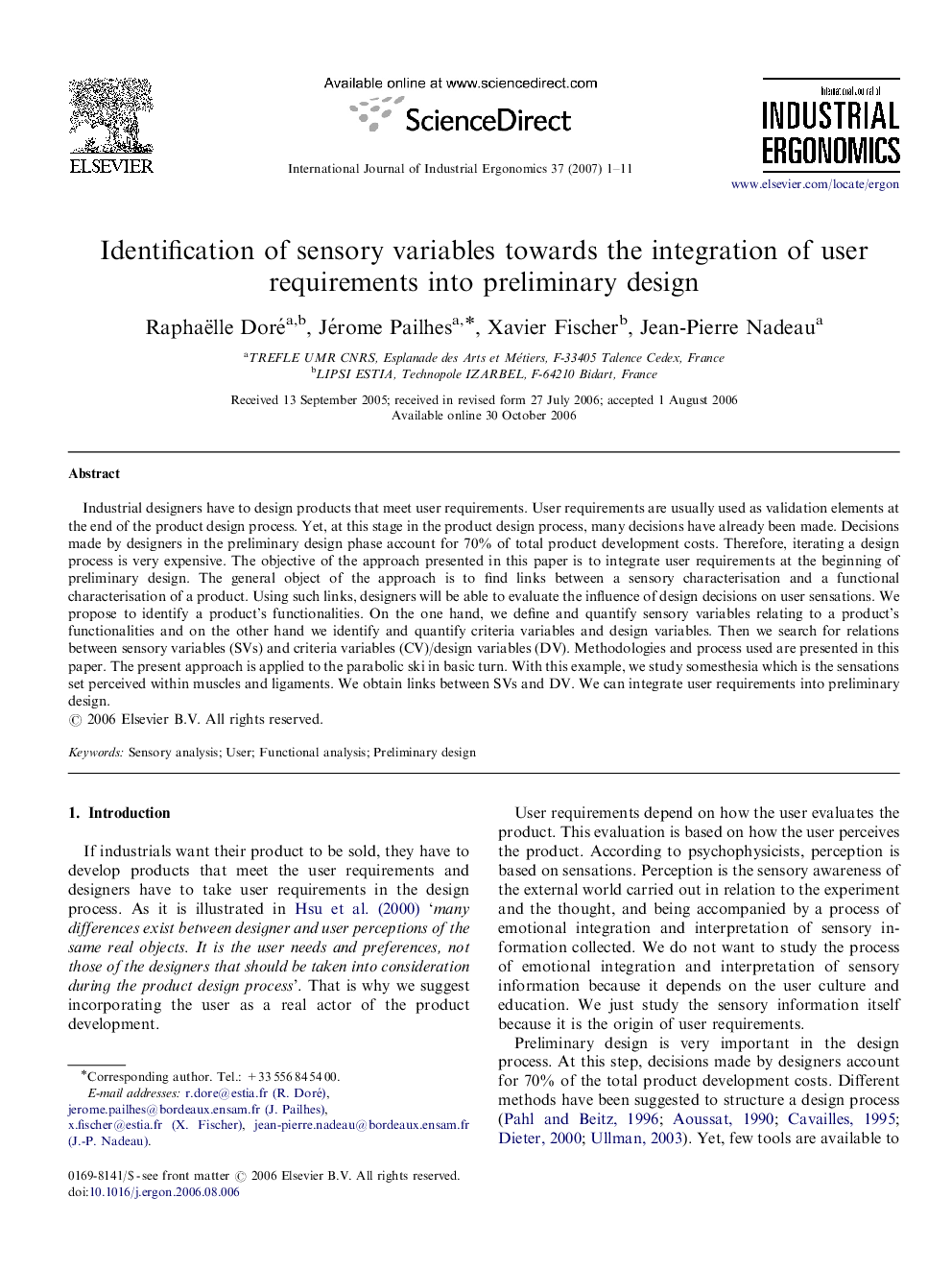 Identification of sensory variables towards the integration of user requirements into preliminary design