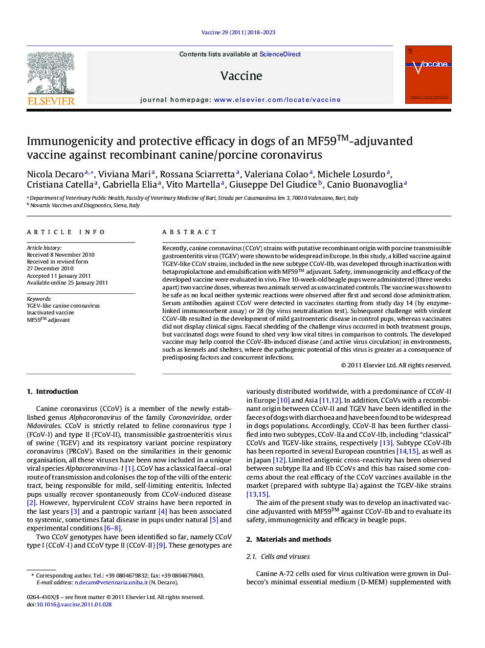 Immunogenicity and protective efficacy in dogs of an MF59â¢-adjuvanted vaccine against recombinant canine/porcine coronavirus