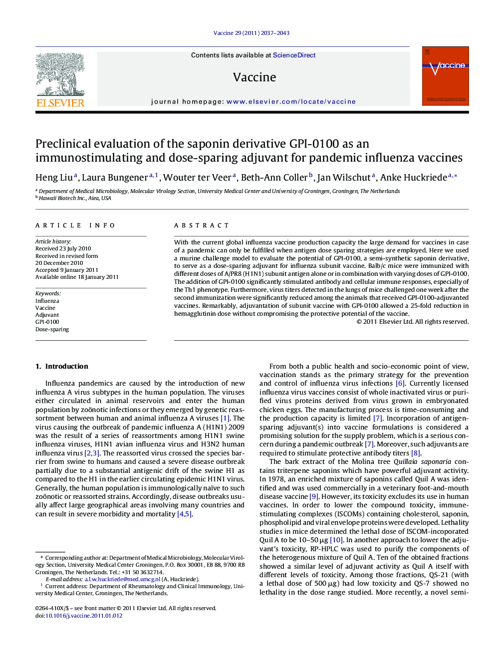 Preclinical evaluation of the saponin derivative GPI-0100 as an immunostimulating and dose-sparing adjuvant for pandemic influenza vaccines
