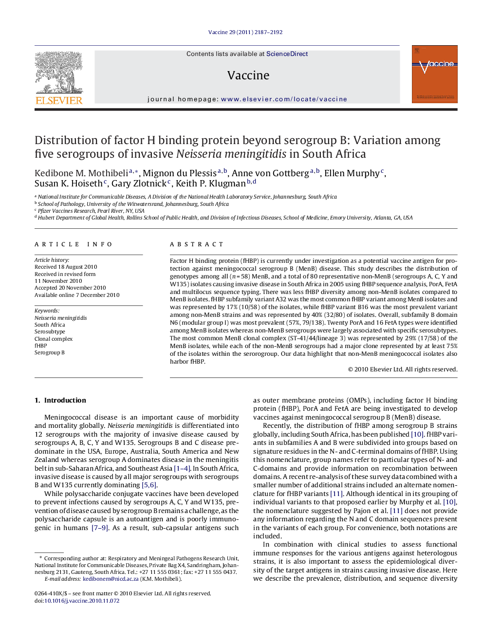 Distribution of factor H binding protein beyond serogroup B: Variation among five serogroups of invasive Neisseria meningitidis in South Africa