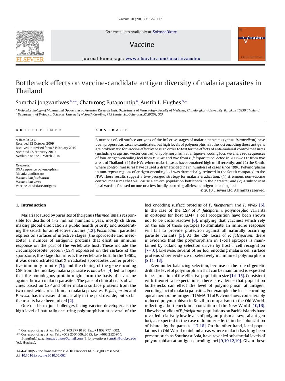 Bottleneck effects on vaccine-candidate antigen diversity of malaria parasites in Thailand