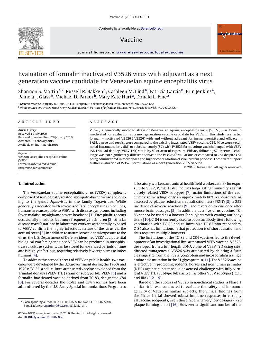 Evaluation of formalin inactivated V3526 virus with adjuvant as a next generation vaccine candidate for Venezuelan equine encephalitis virus