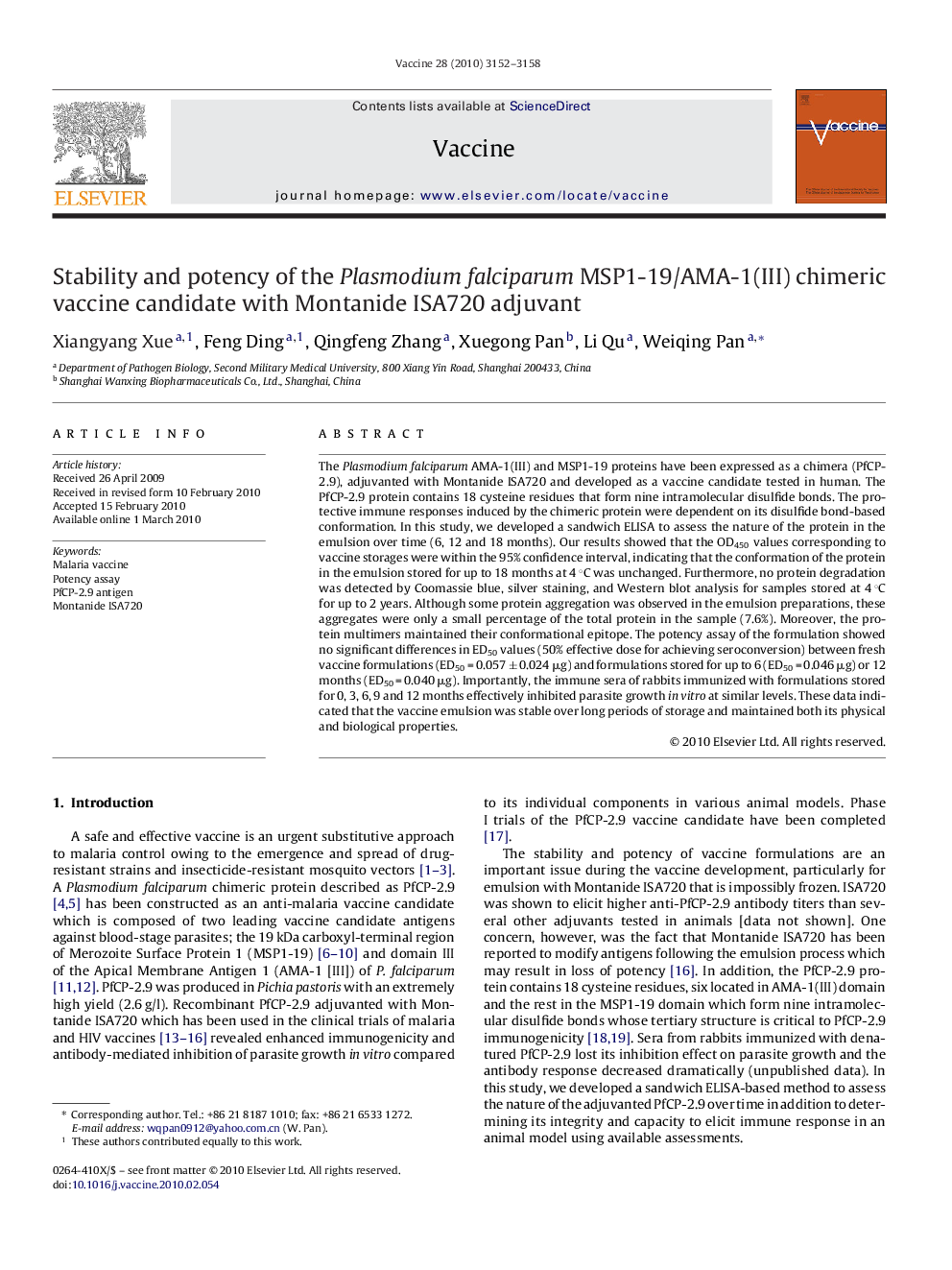 Stability and potency of the Plasmodium falciparum MSP1-19/AMA-1(III) chimeric vaccine candidate with Montanide ISA720 adjuvant