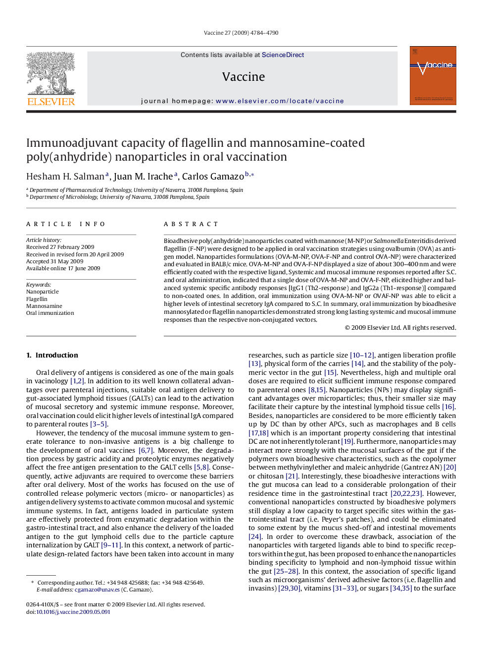 Immunoadjuvant capacity of flagellin and mannosamine-coated poly(anhydride) nanoparticles in oral vaccination