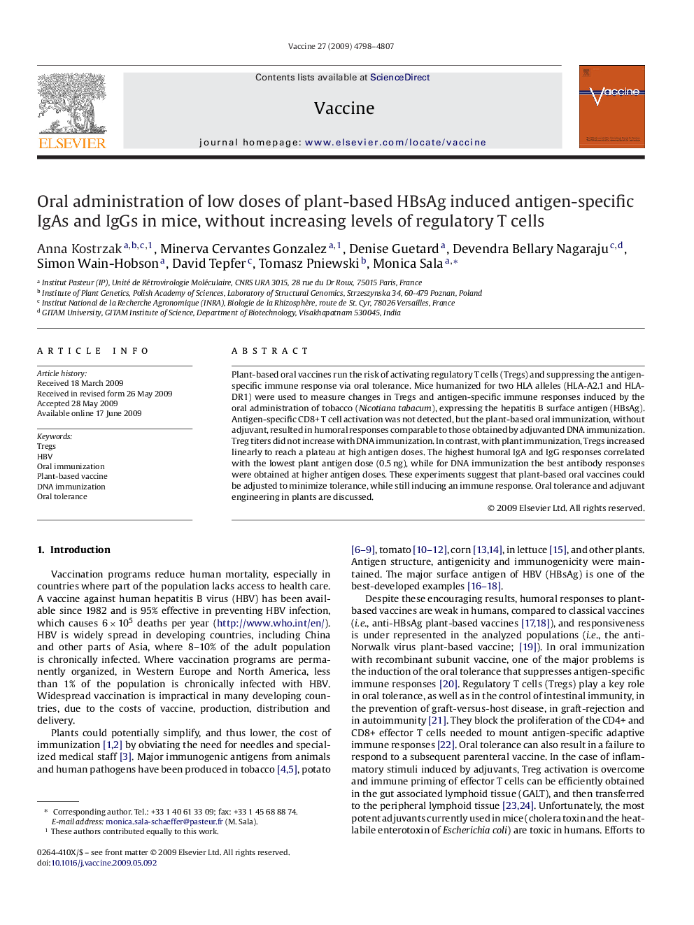 Oral administration of low doses of plant-based HBsAg induced antigen-specific IgAs and IgGs in mice, without increasing levels of regulatory T cells