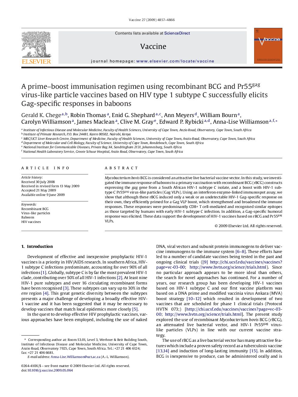 A prime-boost immunisation regimen using recombinant BCG and Pr55gag virus-like particle vaccines based on HIV type 1 subtype C successfully elicits Gag-specific responses in baboons