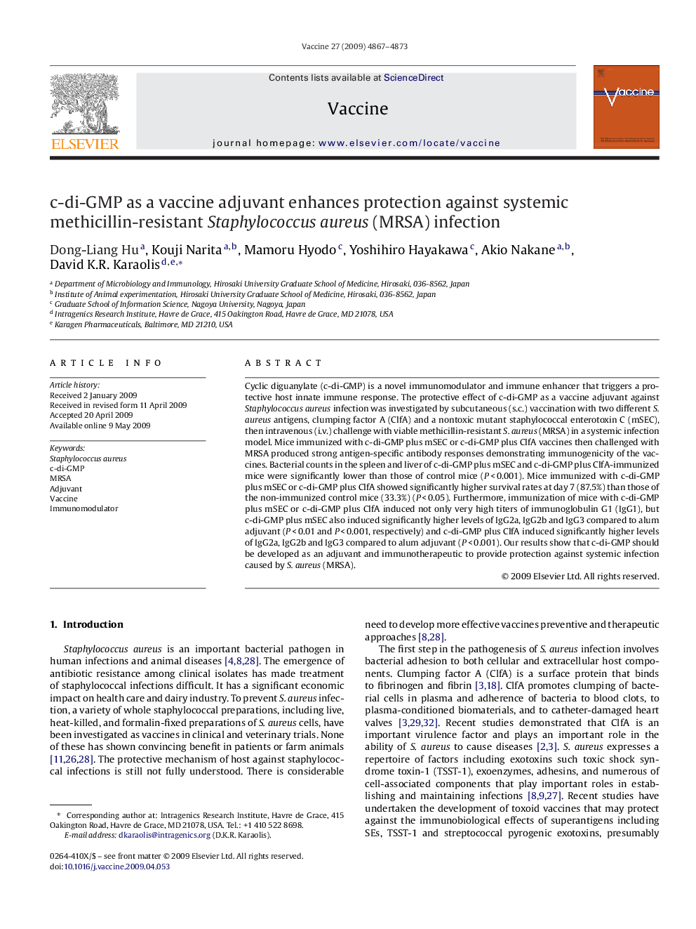 c-di-GMP as a vaccine adjuvant enhances protection against systemic methicillin-resistant Staphylococcus aureus (MRSA) infection