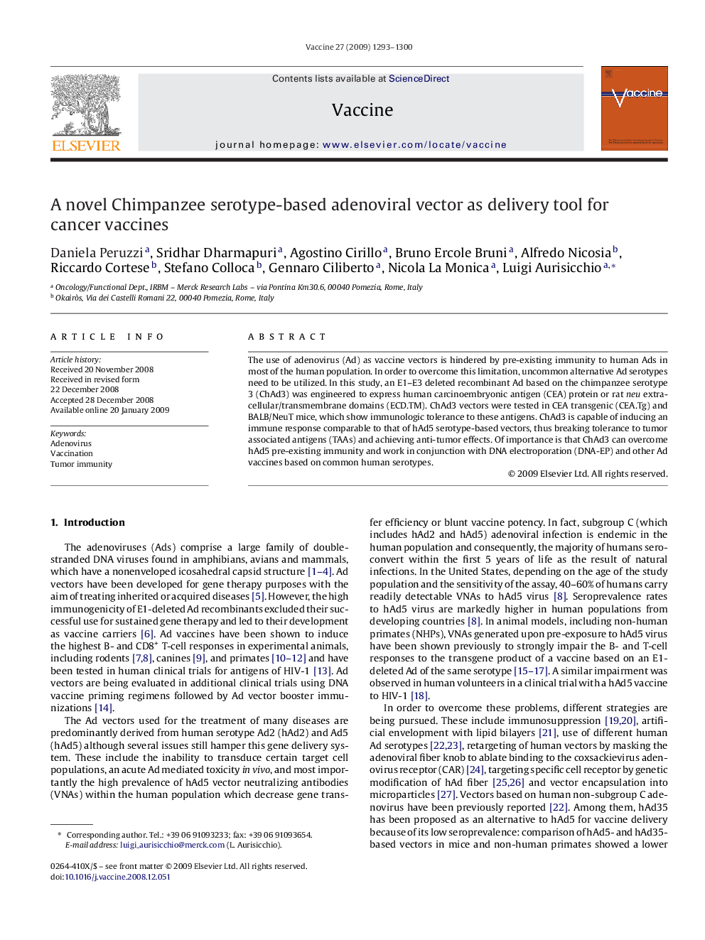 A novel Chimpanzee serotype-based adenoviral vector as delivery tool for cancer vaccines