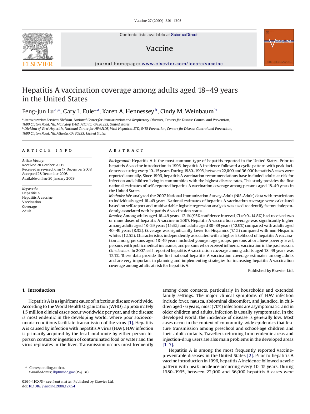 Hepatitis A vaccination coverage among adults aged 18-49 years in the United States