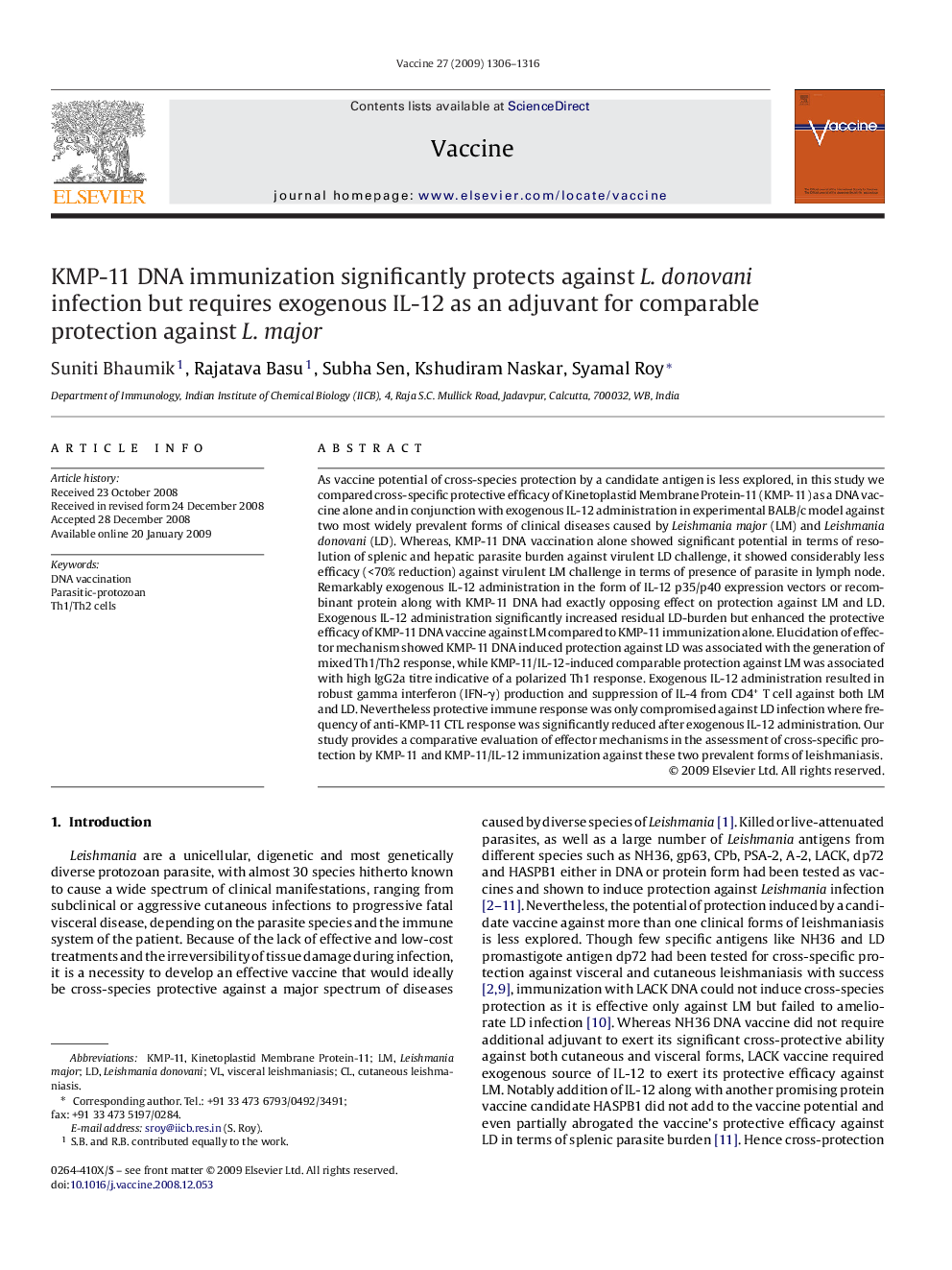 KMP-11 DNA immunization significantly protects against L. donovani infection but requires exogenous IL-12 as an adjuvant for comparable protection against L. major