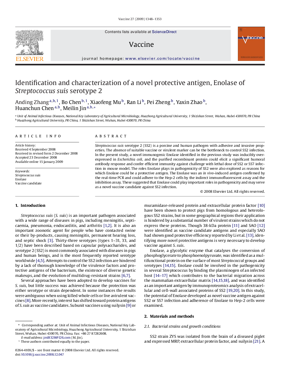 Identification and characterization of a novel protective antigen, Enolase of Streptococcus suis serotype 2