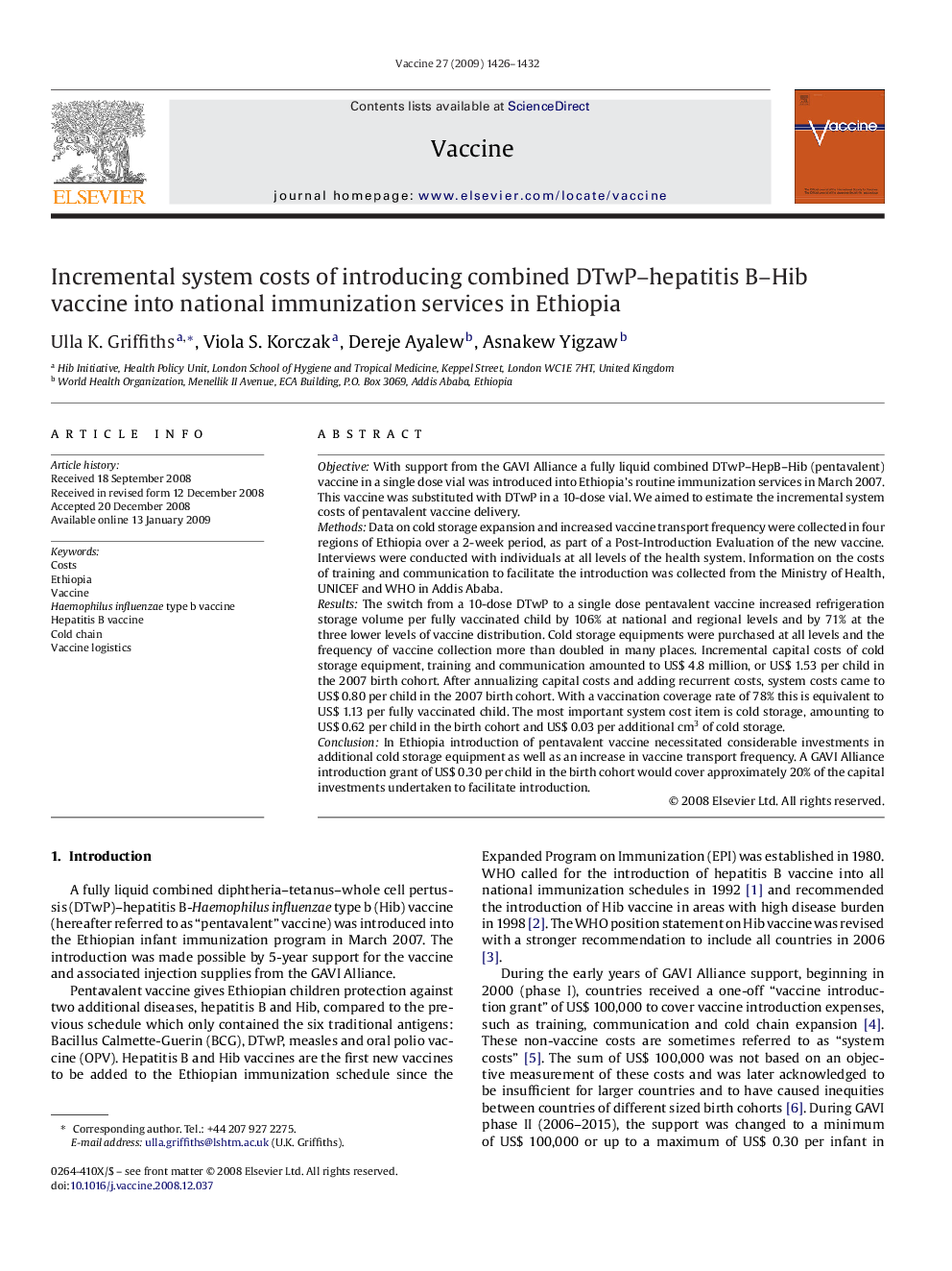 Incremental system costs of introducing combined DTwP-hepatitis B-Hib vaccine into national immunization services in Ethiopia