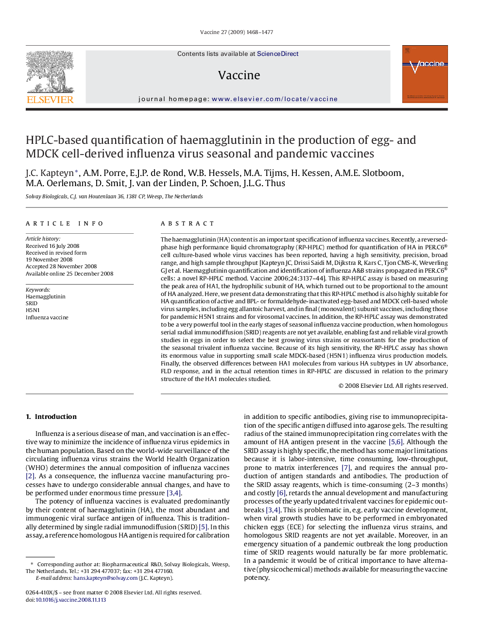 HPLC-based quantification of haemagglutinin in the production of egg- and MDCK cell-derived influenza virus seasonal and pandemic vaccines