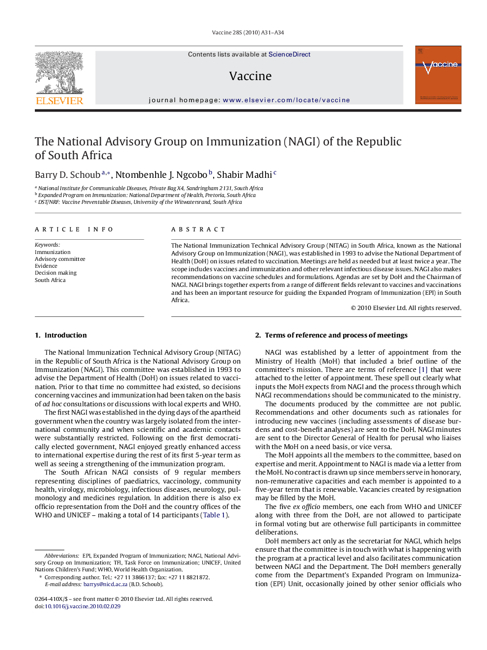 The National Advisory Group on Immunization (NAGI) of the Republic of South Africa