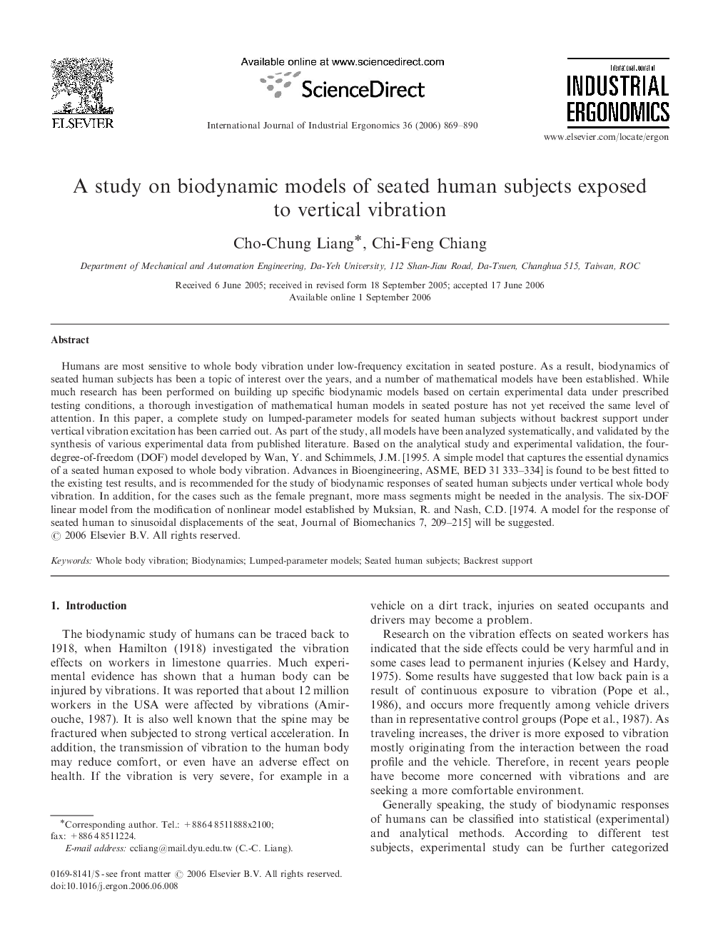 A study on biodynamic models of seated human subjects exposed to vertical vibration