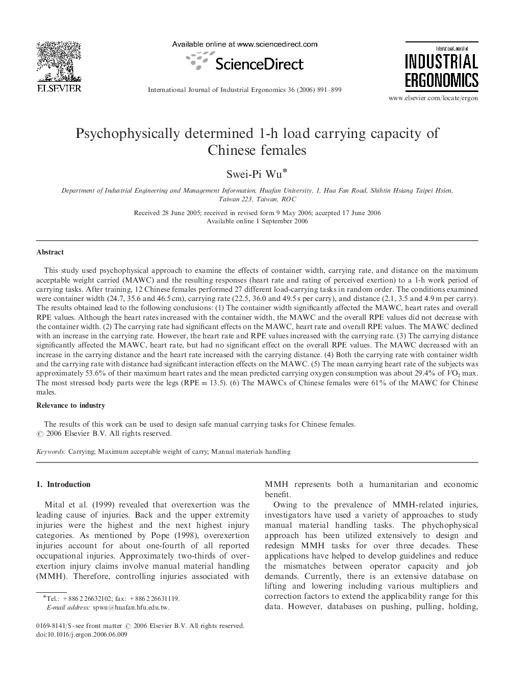 Psychophysically determined 1-h load carrying capacity of Chinese females