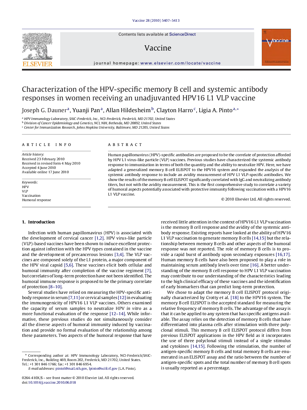 Characterization of the HPV-specific memory B cell and systemic antibody responses in women receiving an unadjuvanted HPV16 L1 VLP vaccine