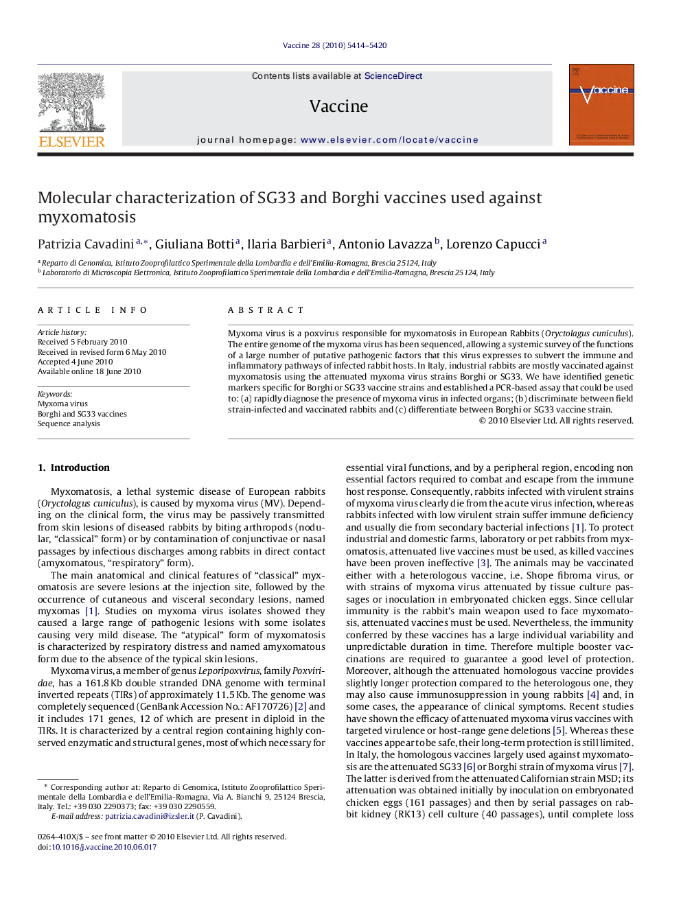 Molecular characterization of SG33 and Borghi vaccines used against myxomatosis