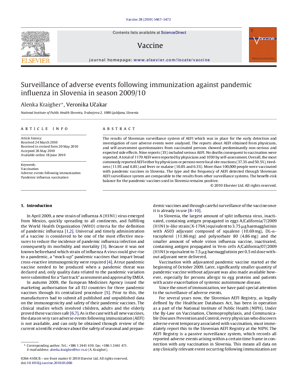 Surveillance of adverse events following immunization against pandemic influenza in Slovenia in season 2009/10