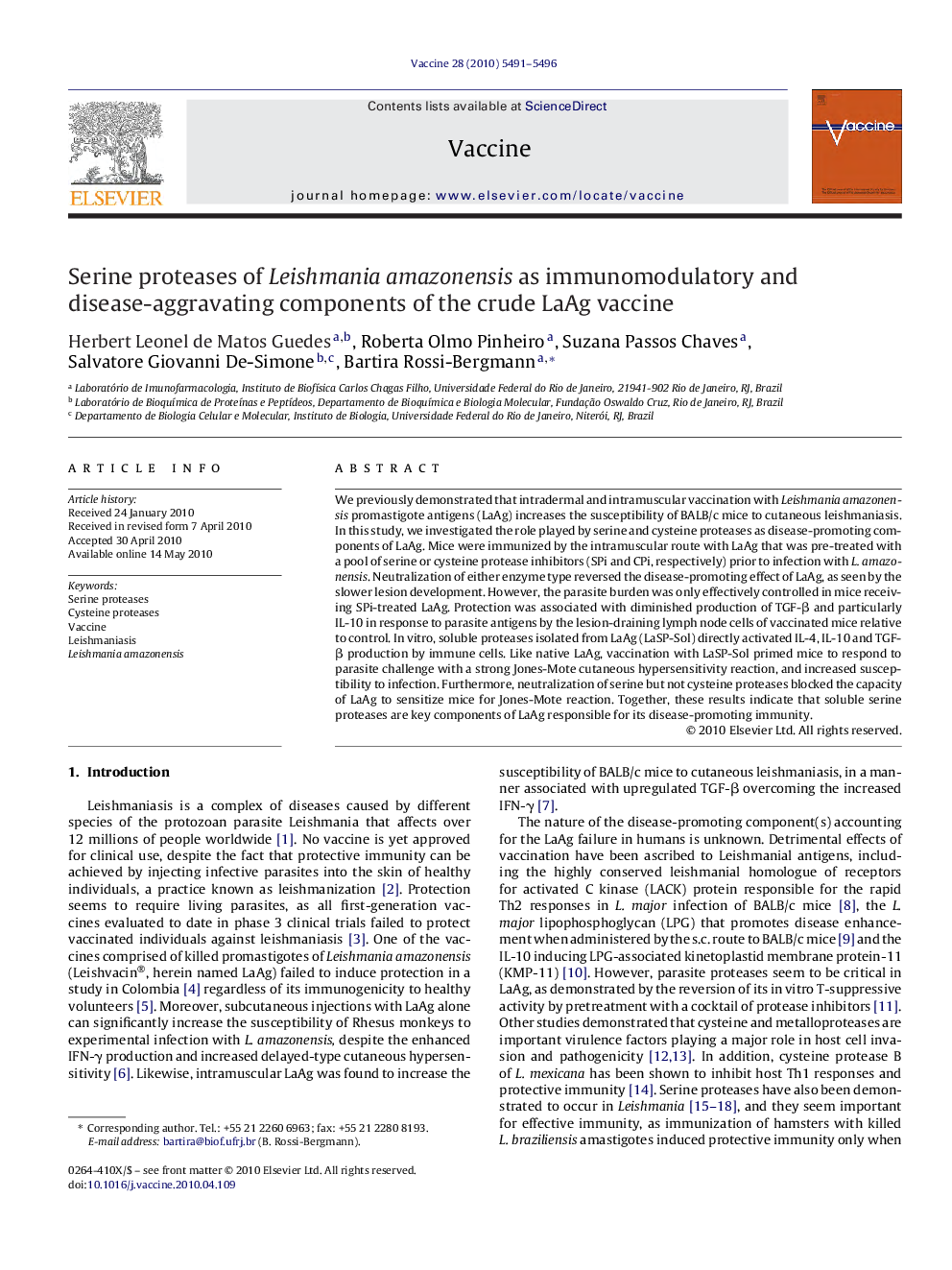 Serine proteases of Leishmania amazonensis as immunomodulatory and disease-aggravating components of the crude LaAg vaccine