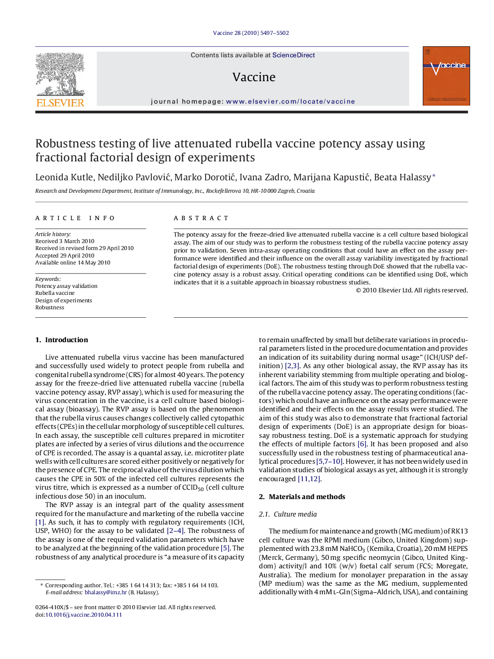 Robustness testing of live attenuated rubella vaccine potency assay using fractional factorial design of experiments