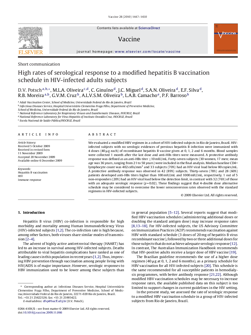 High rates of serological response to a modified hepatitis B vaccination schedule in HIV-infected adults subjects