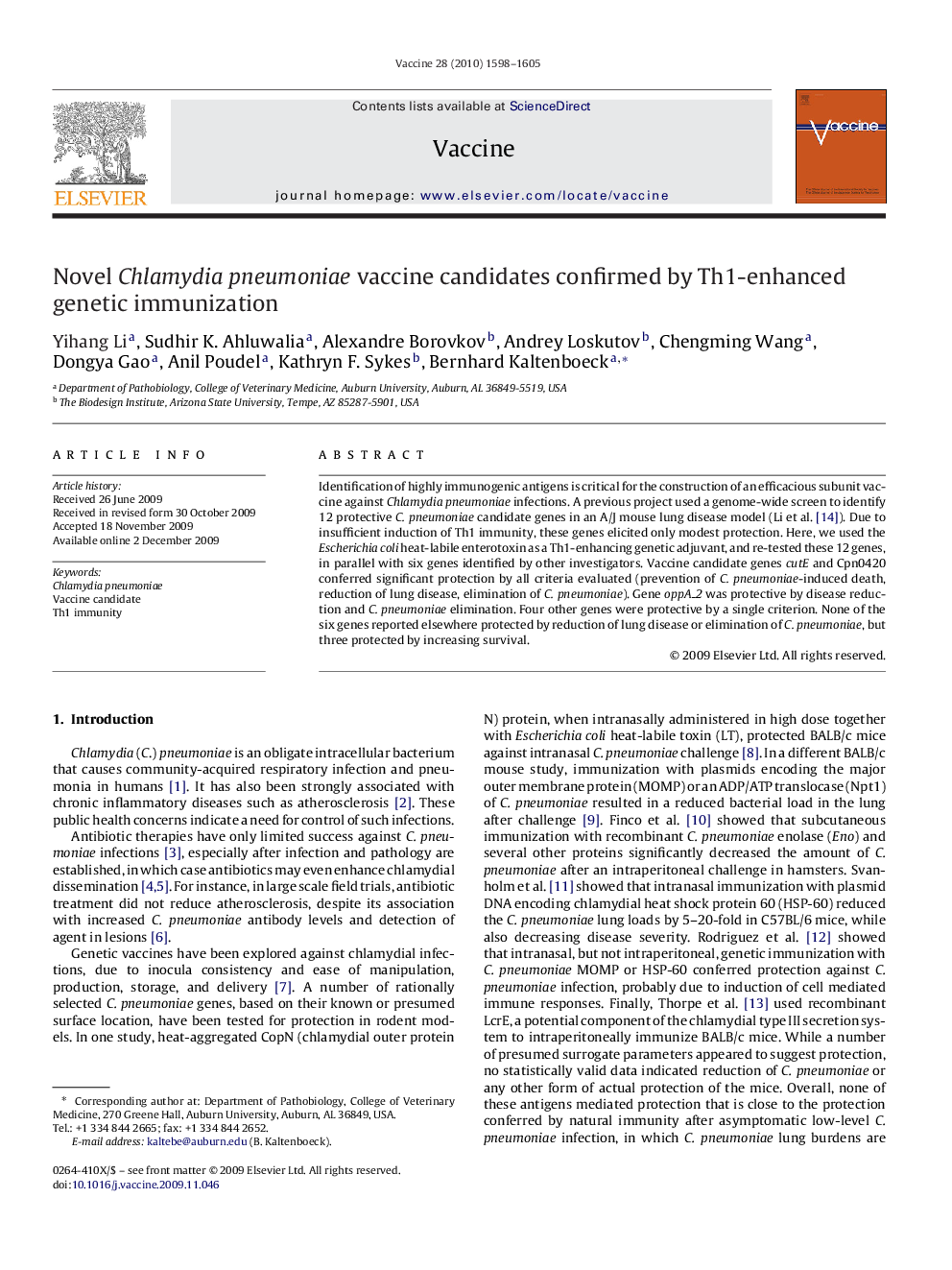 Novel Chlamydia pneumoniae vaccine candidates confirmed by Th1-enhanced genetic immunization