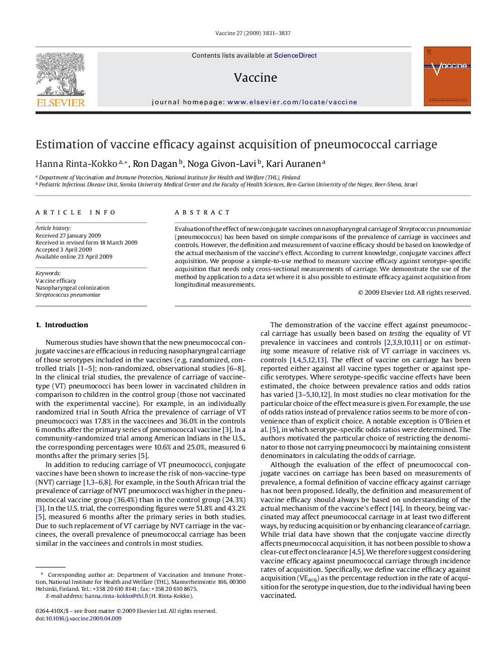 Estimation of vaccine efficacy against acquisition of pneumococcal carriage