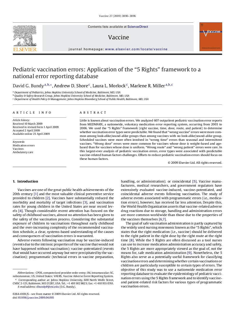 Pediatric vaccination errors: Application of the “5 Rights” framework to a national error reporting database