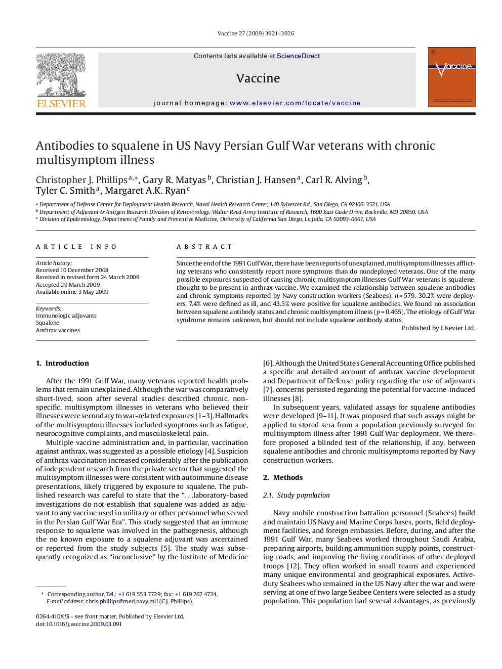 Antibodies to squalene in US Navy Persian Gulf War veterans with chronic multisymptom illness