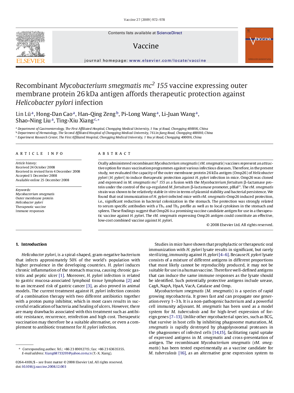 عکس صفحه اول مقاله: Recombinant Mycobacterium smegmatis mc2155 vaccine expressing outer membrane protein 26Â kDa antigen affords therapeutic protection against Helicobacter pylori infection Recombinant Mycobacterium smegmatis mc2155 vaccine expressing outer membrane protein 26Â kDa antigen affords therapeutic protection against Helicobacter pylori infection