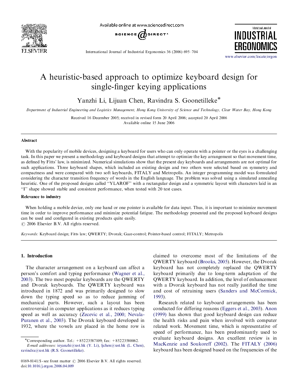 A heuristic-based approach to optimize keyboard design for single-finger keying applications