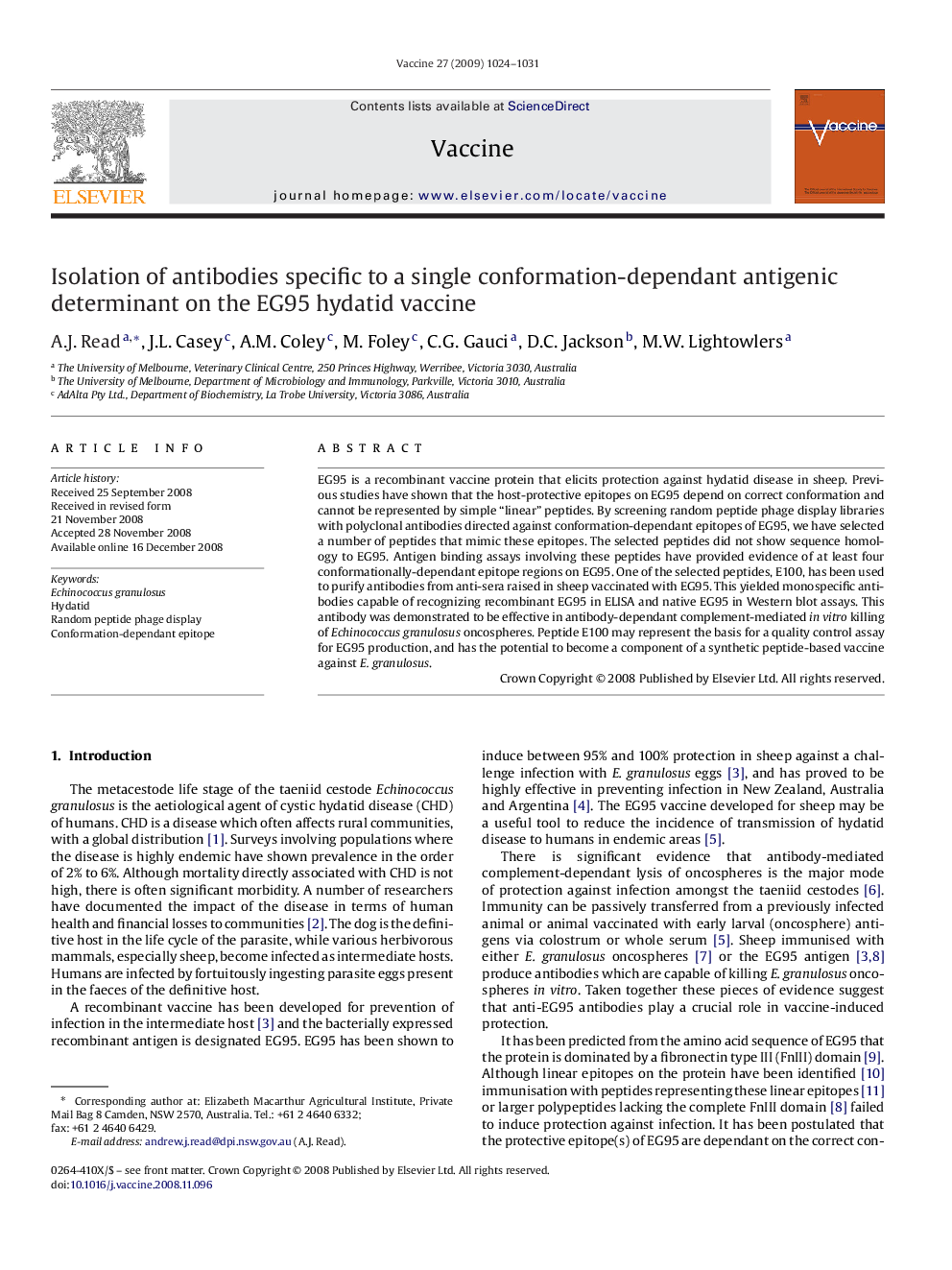 Isolation of antibodies specific to a single conformation-dependant antigenic determinant on the EG95 hydatid vaccine