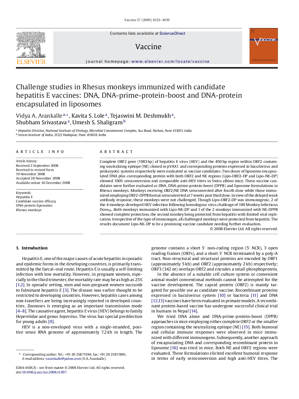 Challenge studies in Rhesus monkeys immunized with candidate hepatitis E vaccines: DNA, DNA-prime-protein-boost and DNA-protein encapsulated in liposomes