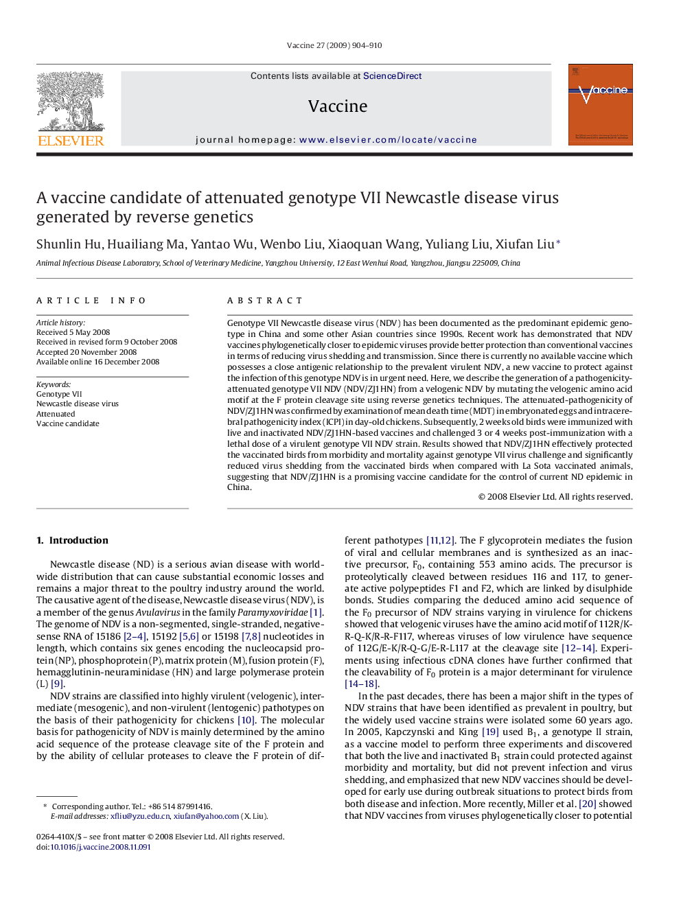 A vaccine candidate of attenuated genotype VII Newcastle disease virus generated by reverse genetics