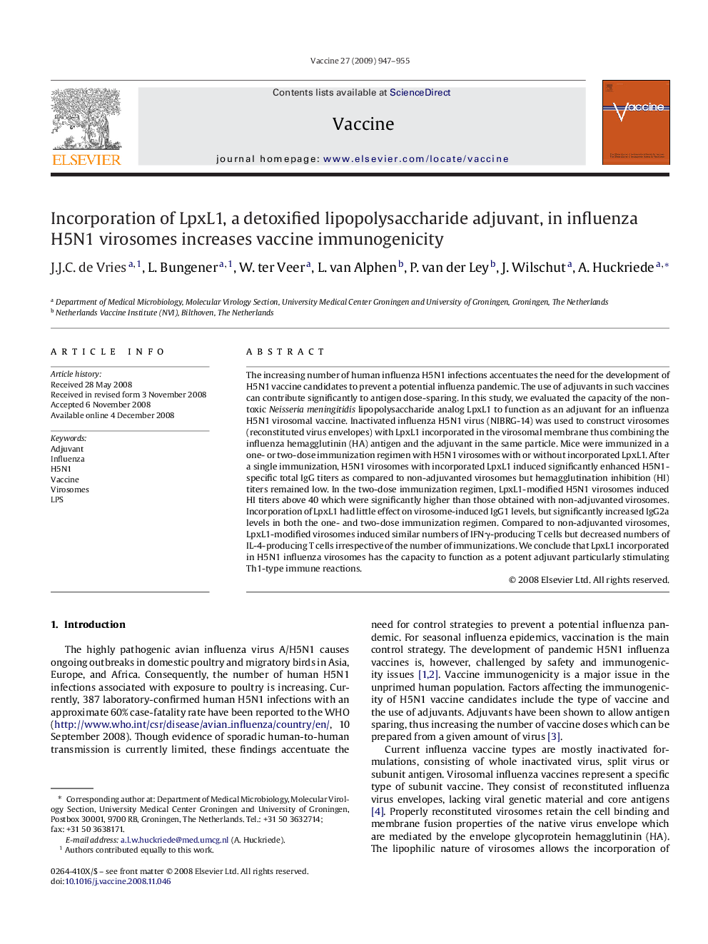 Incorporation of LpxL1, a detoxified lipopolysaccharide adjuvant, in influenza H5N1 virosomes increases vaccine immunogenicity