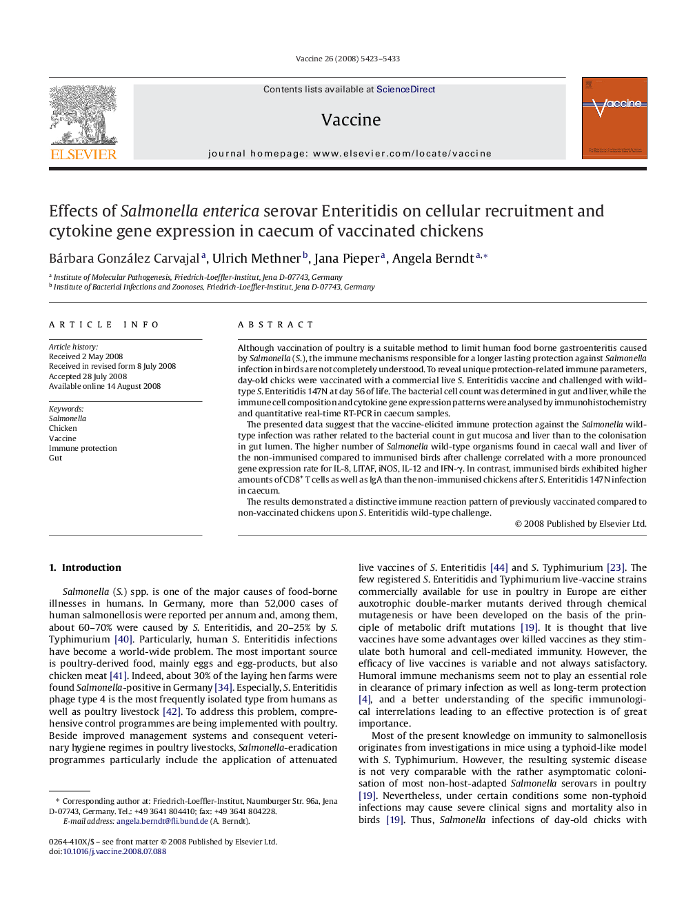 Effects of Salmonella enterica serovar Enteritidis on cellular recruitment and cytokine gene expression in caecum of vaccinated chickens