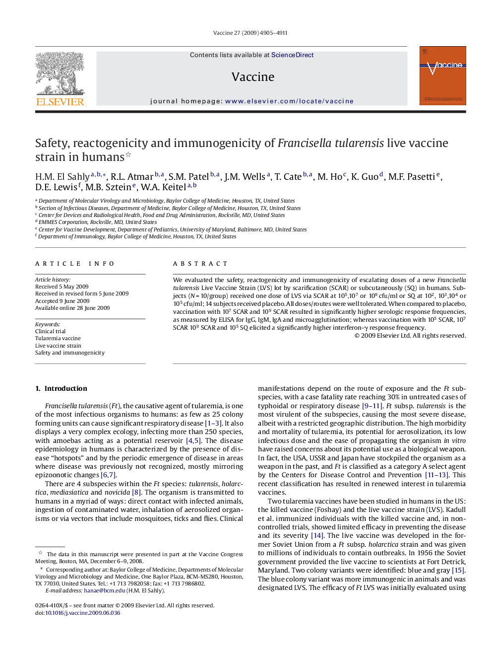 Safety, reactogenicity and immunogenicity of Francisella tularensis live vaccine strain in humans